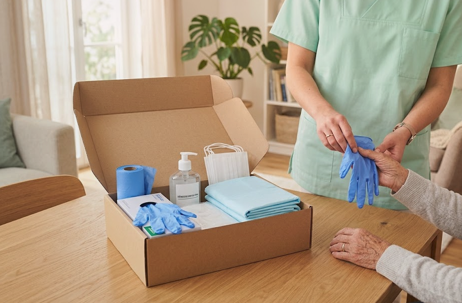 DAK Pflegebox mit Pflegehilfsmitteln zum Verbrauch auf einem Tisch