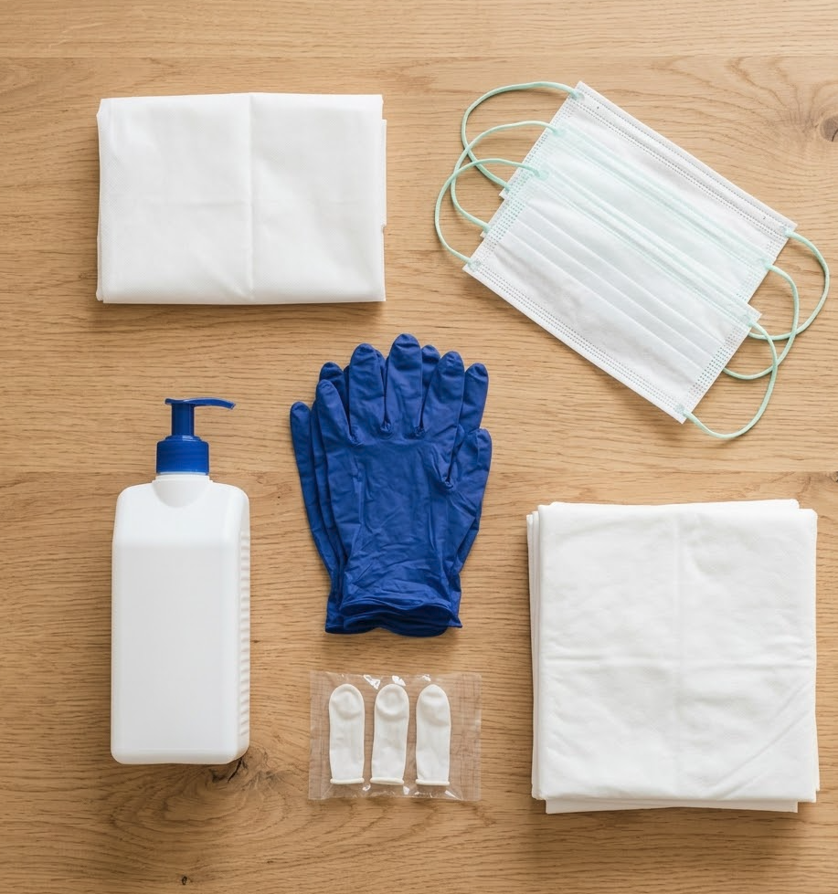 Uebersicht typischer Inhalte einer DAK Pflegebox: Handschuhe, Desinfektion, Mundschutz und Bettschutzunterlagen