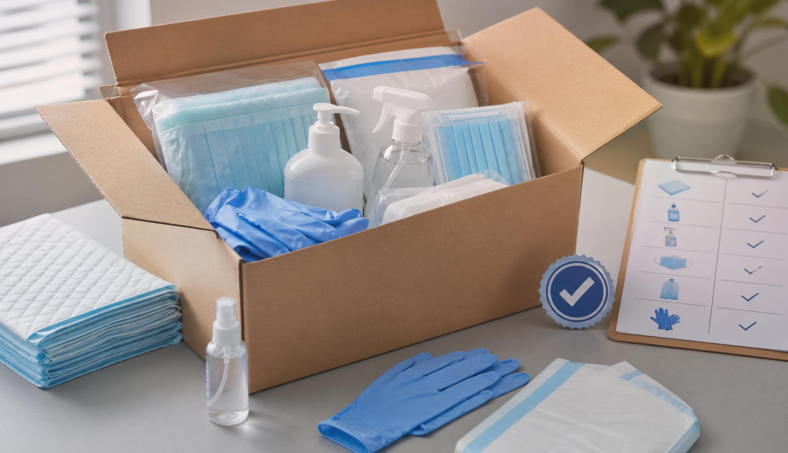 Pflegebox mit Pflegehilfsmitteln zum Verbrauch